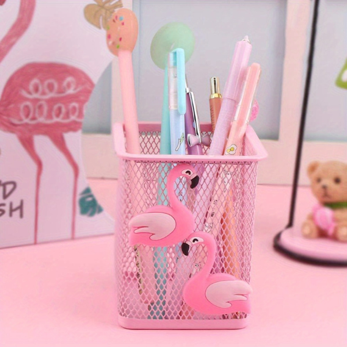 

Flamingo Design Mesh Metal Pen Holder, Lightweight Desk Organizer, Multi-functional Office And Pen Cup, Cute Pink Makeup Brush Storage Box With Cutout Detail - Other Metal Materials