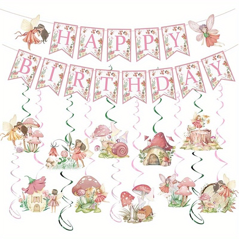 Image of Decorations For A Fairy-themed First Birthday - Party Supplies For Girls Featuring Happy Birthday Banners, Mushroom Swirls, And Flower Fairy Decor