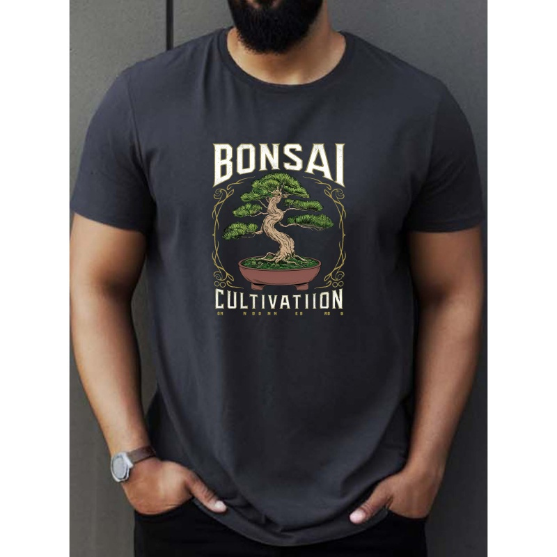 

Bonsai Cultivation Tree Print Tee Shirt, Fashion Tees For Men, Casual Short Sleeve T-shirt For Summer