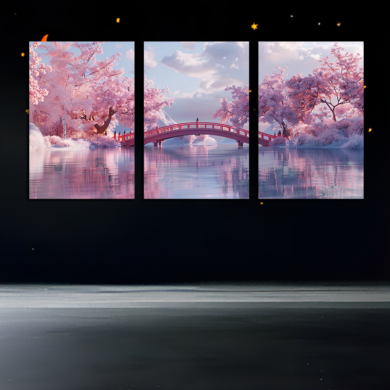 

Cherry Blossom Canvas Wall Art Set Of 3, Frameless Scenic Bridge Print, Living Room Bedroom Home Decor - 12"x18" Each