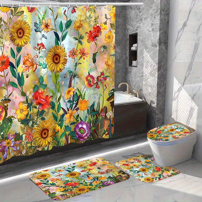 

1/4pcs Shower Curtain And Mats, Waterproof Shower Curtain With 12 Hooks, Non-slip Bathroom Rug, Toilet U-shape Mat, Toilet Lid Cover Pad, Bathroom Decor, Shower Curtain Sets For Bathrooms