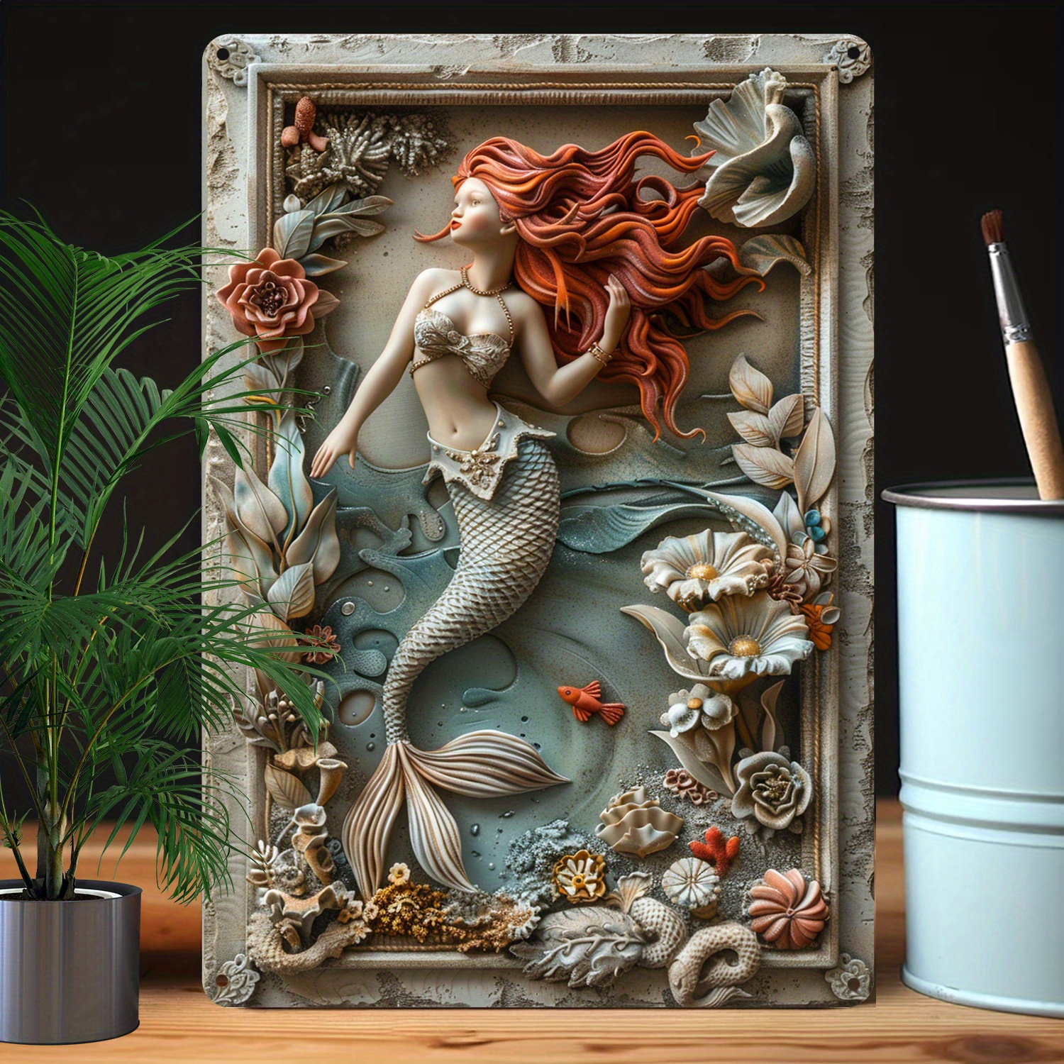 

3d Mermaid Metal Tin Sign Wall Art - 1pc 8x12 Inches Aluminum Decor With Relief Sculpture Design For Indoor & Outdoor - Moisture Resistant, High Durability - Ocean & Marine Life Themed Decor A2481