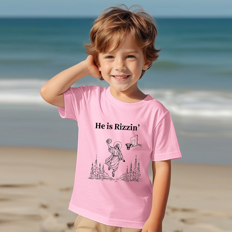 

95% Cotton - Casual Comfy Boys' Summer Tops - He Is Rizzin'... & Cartoon Figure Print Short Sleeve Crew Neck Versatile T-shirt Gift