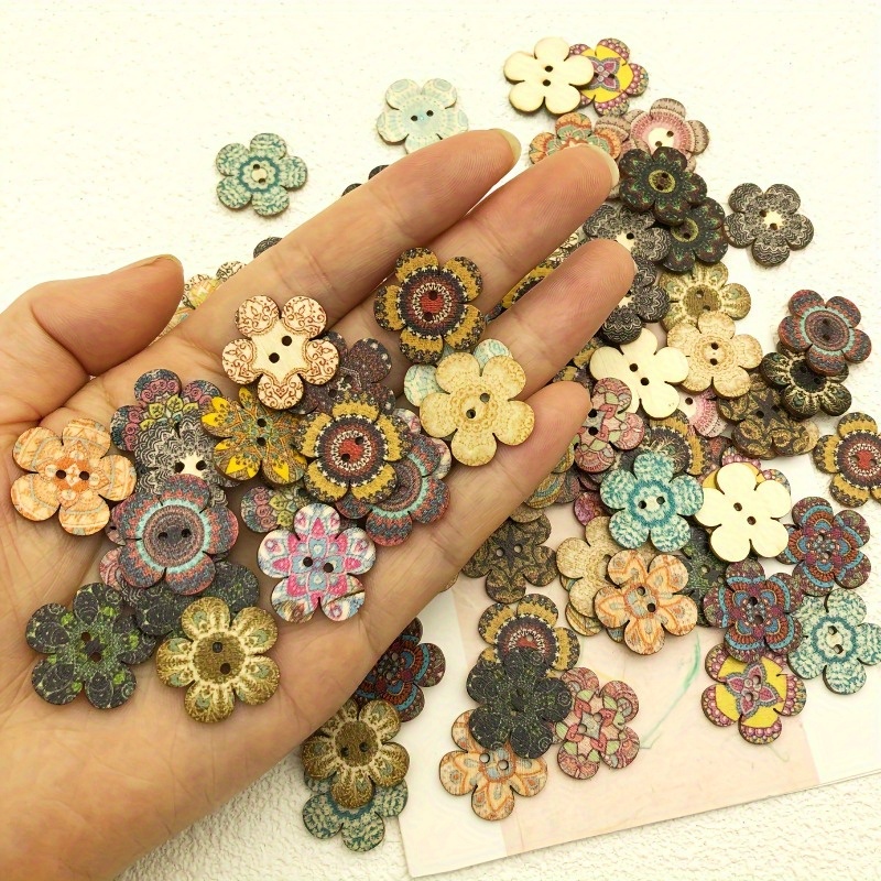 

100pcs Mixed Color Wooden Buttons - Decorative 2-hole Painted Flower Patterns For Crafts, Sewing And Diy Projects