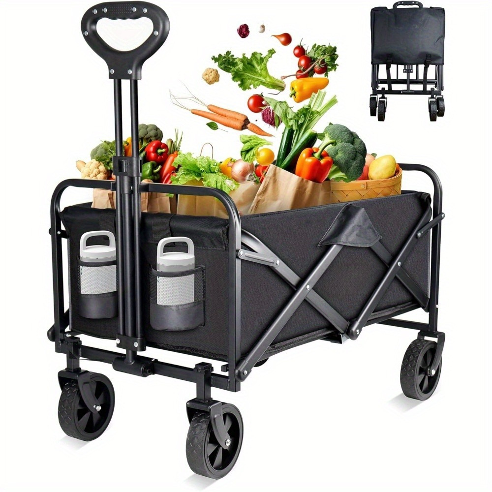 

1pc Heavy Duty Folding Utility Wagon, Collapsible Cart With Wheels, 220lbs Capacity, Ideal For Beach, Lawn, Sports, Camping, Outdoor Activities - Black, Large Foldable Wagon