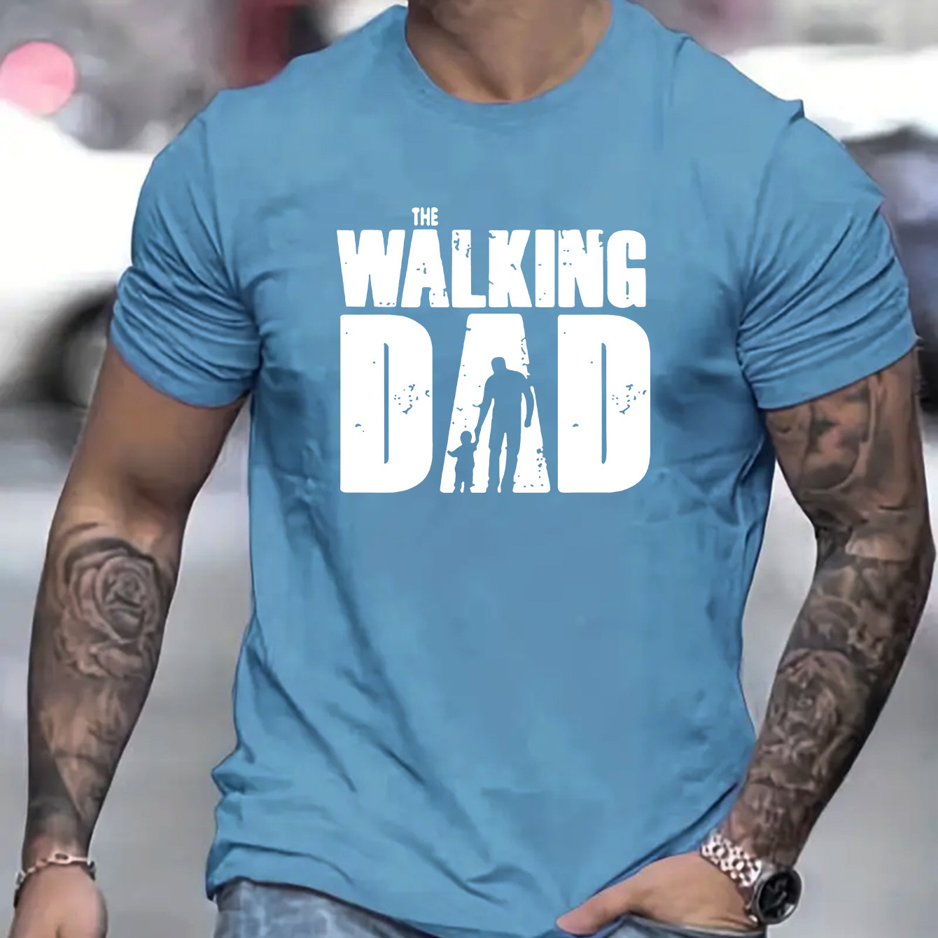 

The Walking Dad Print, Men's Round Neck Short Sleeved, Simple Style T-shirt Casual And Comfortable Breathable Top For Spring And Summer Vacation, Men's Clothes As Gifts