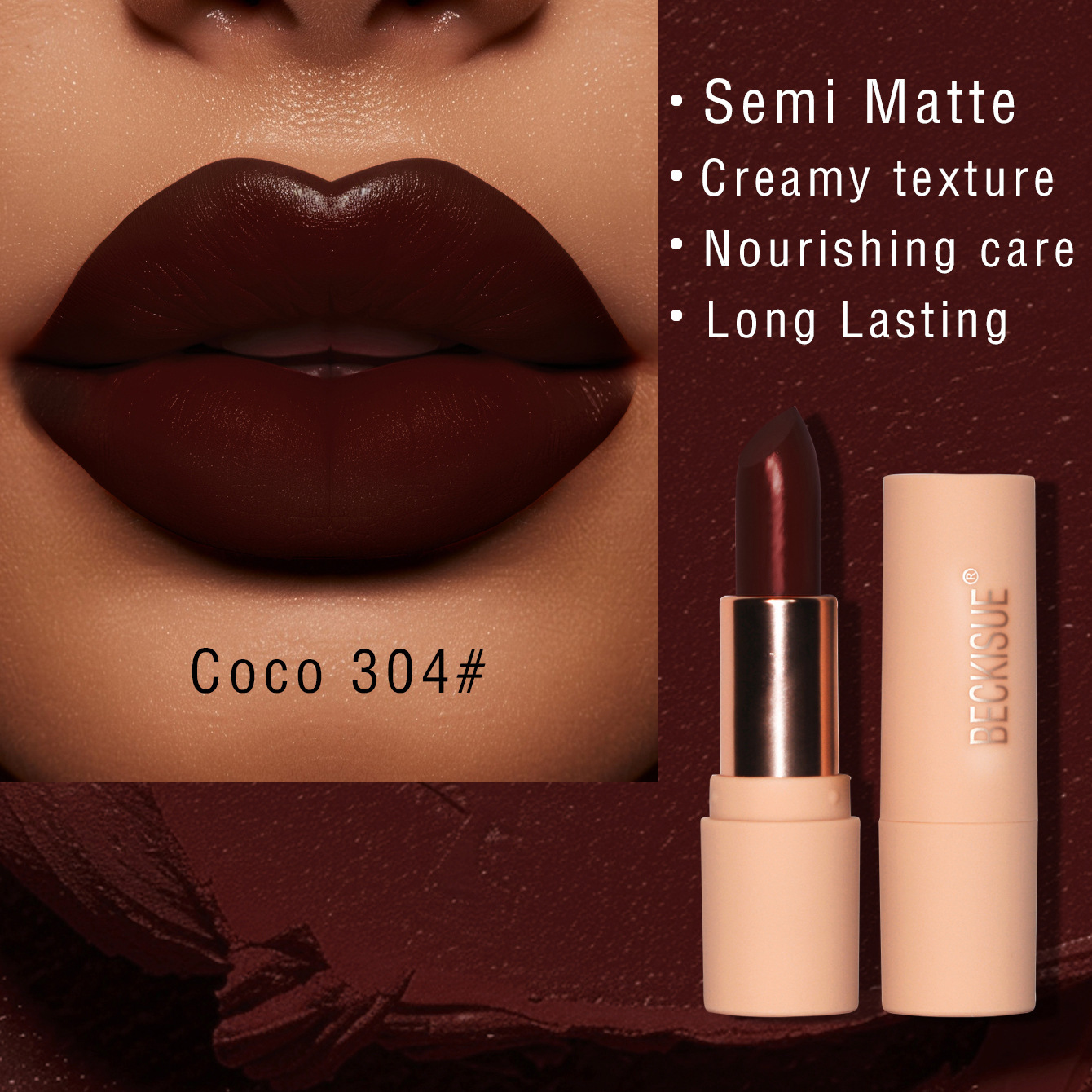 TEMU Semi-matte Velvet Lipstick In Coffee - Luxurious Semi-, Creamy Texture, Deep Nourishment, Long- Lip Color, Use, Waterproof And For Application, Valentines Day Gifts