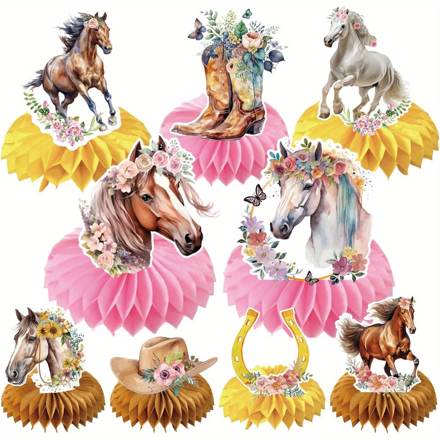 

9pcs Horse Party Decor Set - Chic Honeycomb Centerpieces For Western Cowgirl & Birthday Celebrations, No Power Needed