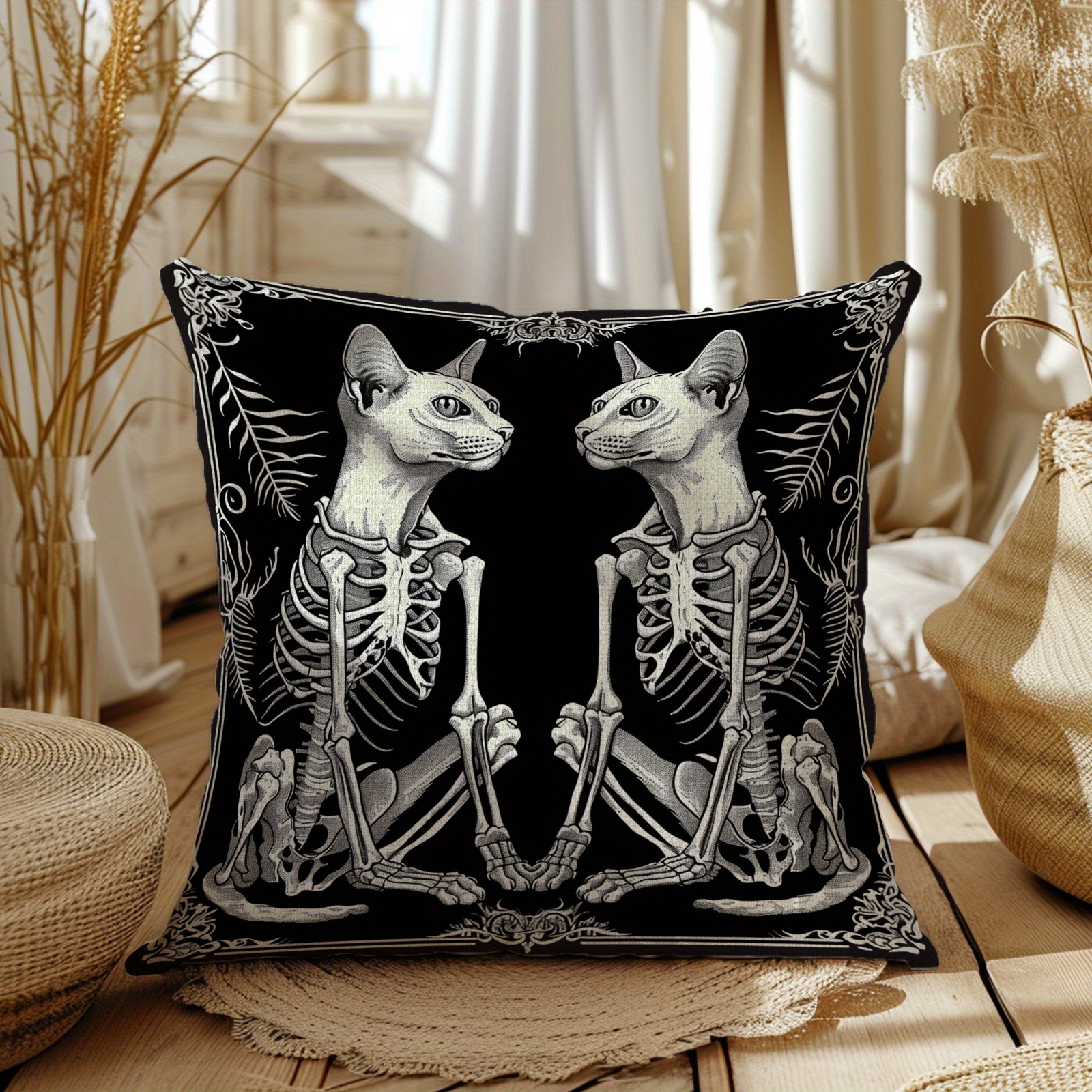 

Skeleton Cats Decorative Pillow Cover - 45cm/18in, Single-sided Print, No Insert, Suitable For Sofa, Bed, Car, Home, Bedroom, Living Room - Contemporary Style, Polyester Fabric, Woven