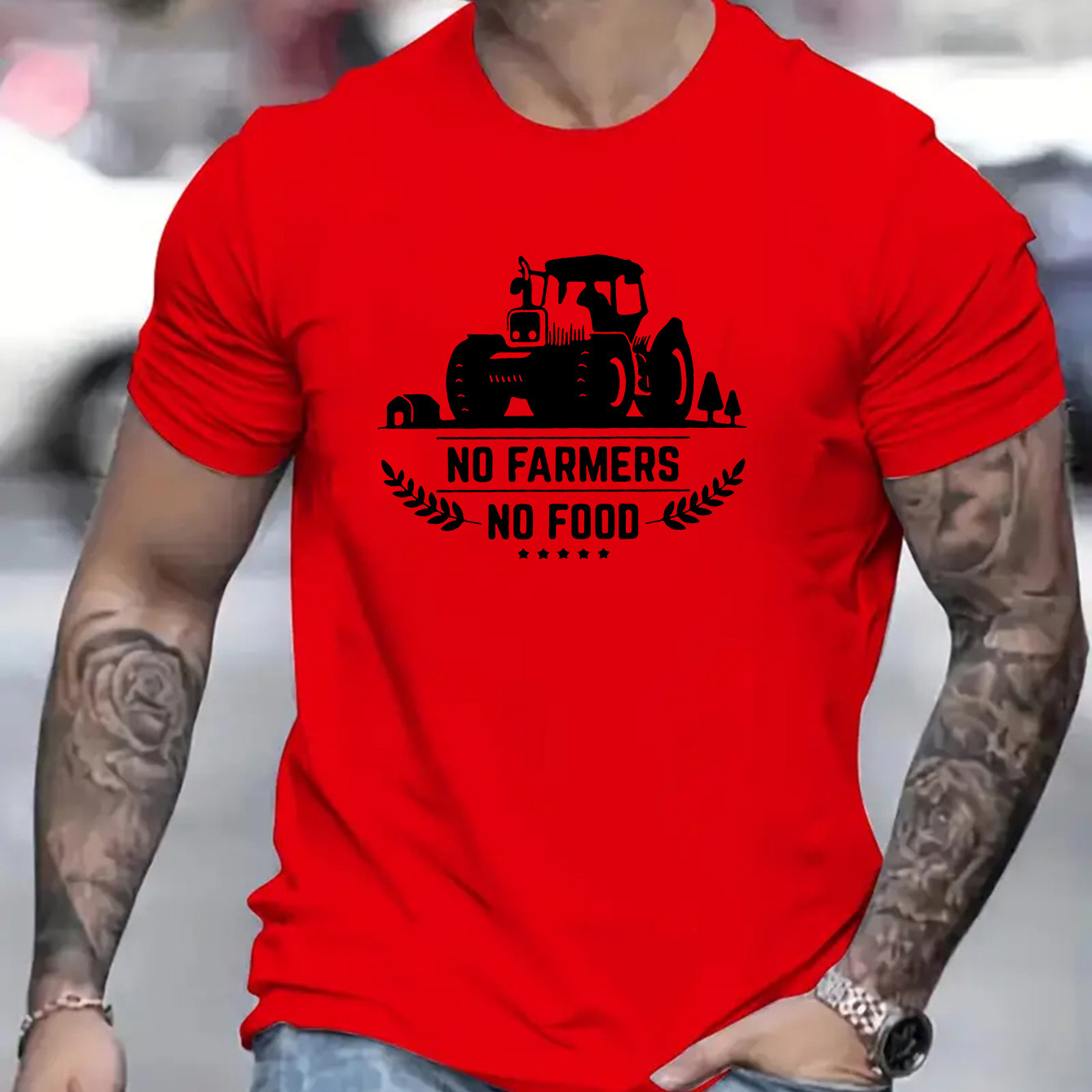 

No Farmer No Food Print Summer Casual T-shirt Short Sleeved, Men's Sporty And Casual Style, Fashionable Round Neck T-shirt For Daily Wear