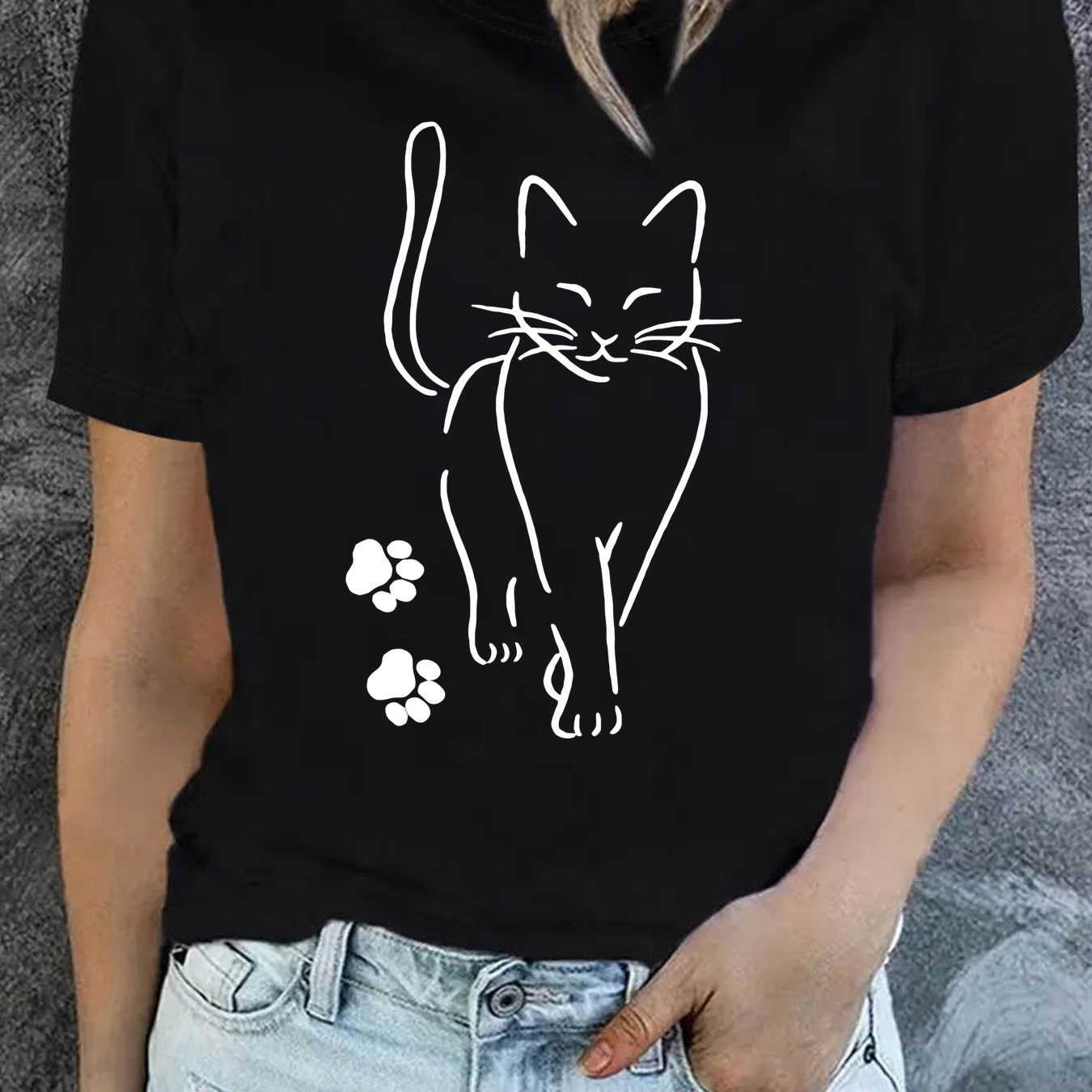 

T-Shirt Chic pour Femme avec Chat Blanc - Col Rond Décontracté, Haut à Manches Courtes, Mélange de Polyester Extensible, Lavable en Machine pour & l'Été, Chemise à Motif Chat