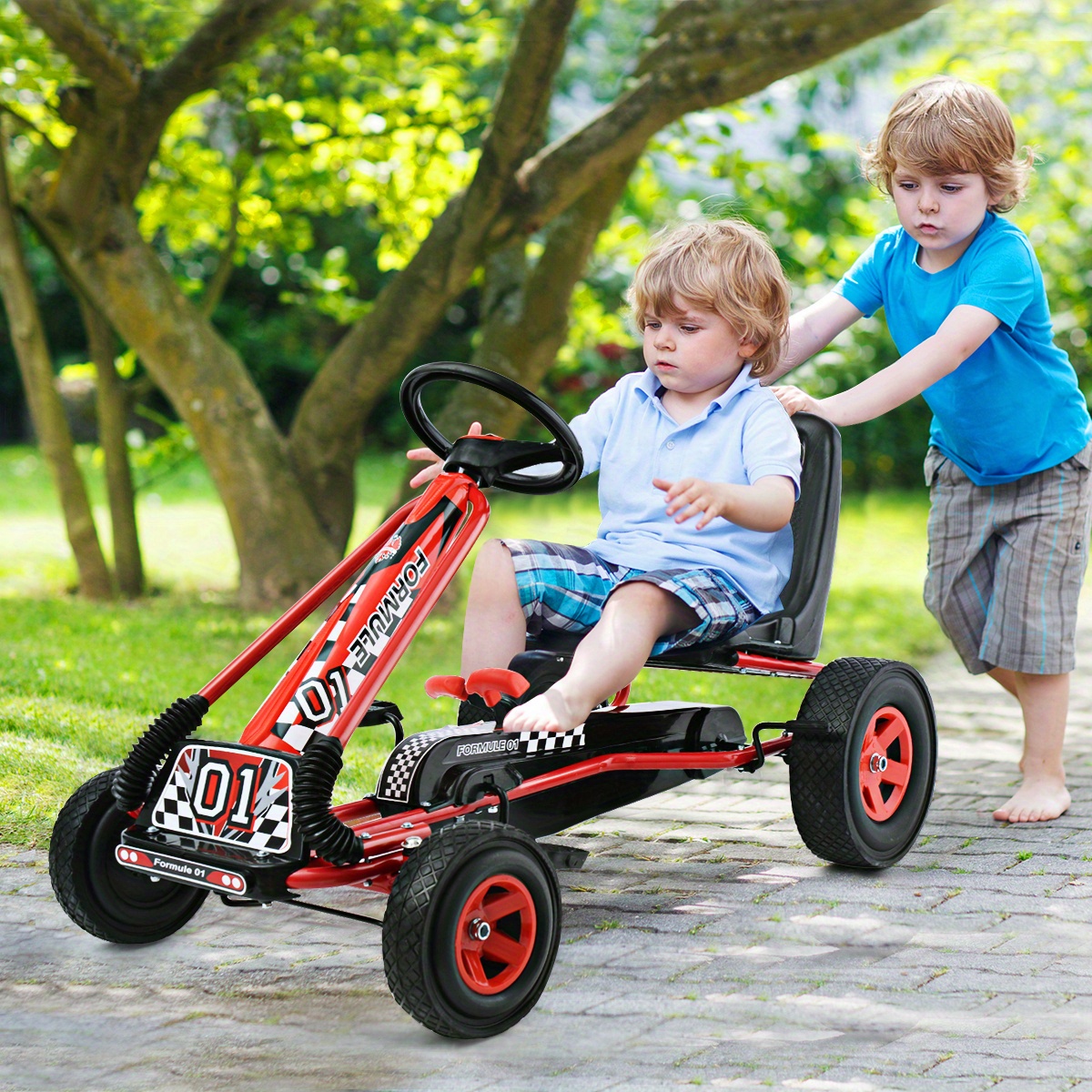 

Costway Go Kart For - 4-wheel Pedal Powered Toy With Adjustable Seat, Clutch And Brake, Heavy Duty Metal Frame, Rubber Tires, Red, Toy