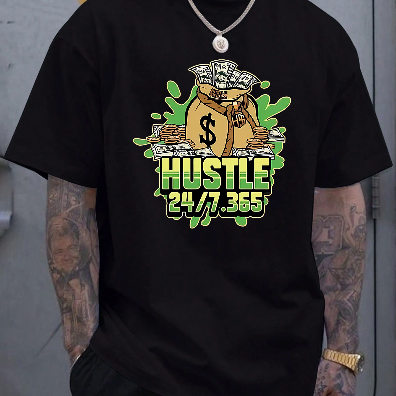 

Hustle Print T-shirt For Men, Casual Short Sleeve T-shirt For Summer