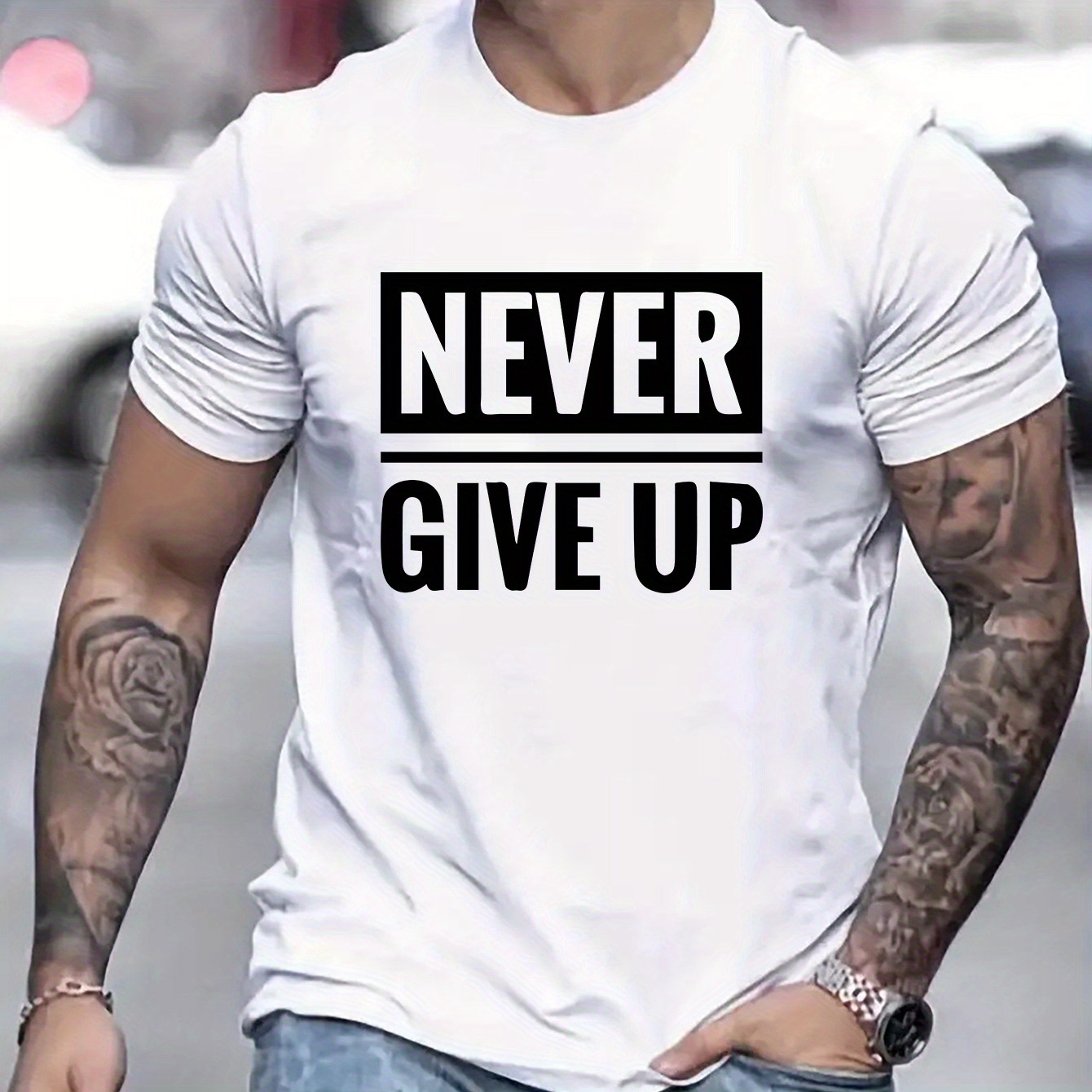 

Never Give Up Print T-shirt, Versatile & Breathable Street , Simple Lightweight Comfy Top, Casual Crew Neck Short Sleeve T-shirt For Summer