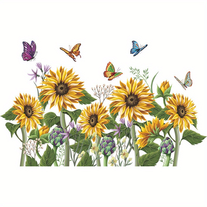 Art Deco Sunflower And Butterfly Wall Stickers, Pvc Material, Removable Floral Decals For