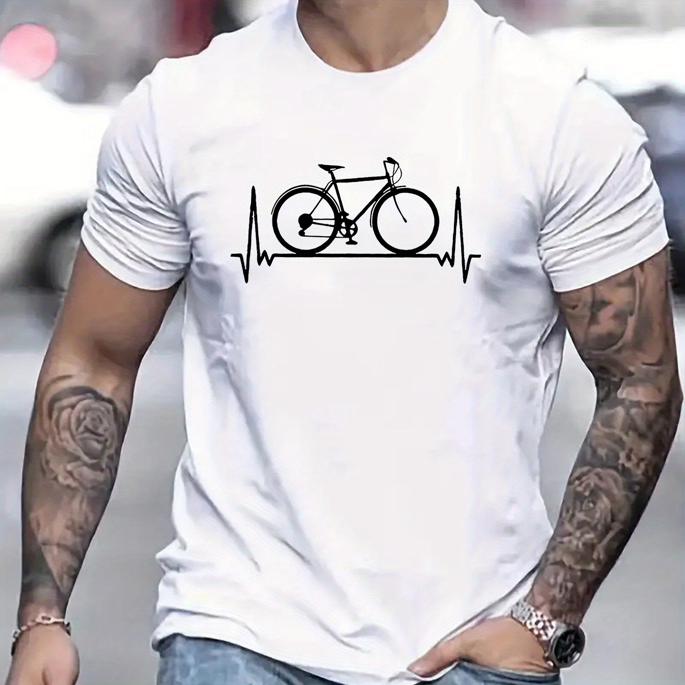 

Ecg Creative Bicycle Print Summer Casual T-shirt Short Sleeved For Men, Sporty And Casual Style, Fashionable Round Neck T-shirt For Daily Wear