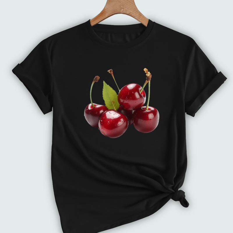 

Cherries Print T-shirt, Short Sleeve Crew Neck Casual Top For Summer & Spring, Women's Clothing