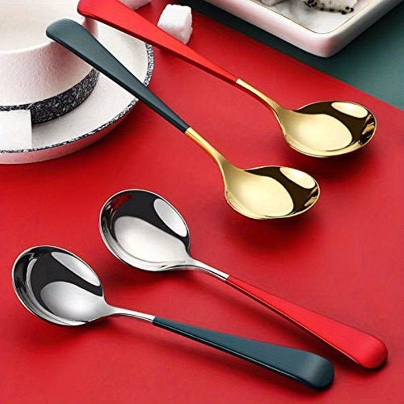 

5pcs Soup Spoon Stainless Steel, Tip Soup Spoon, Modern Thick Handle, Dinner Metal Spoon, For Soup, Cereal, Dessert, Milk, Tea, Coffee