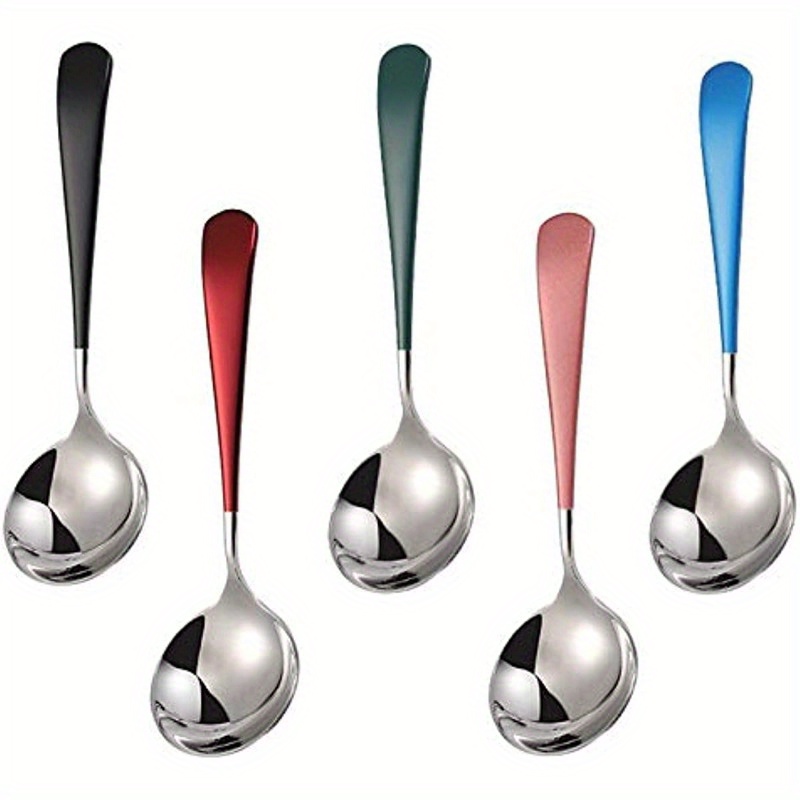 TEMU 5pcs Soup Spoon Stainless Steel, Tip Soup Spoon, Modern Thick Handle, Dinner Metal Spoon, For Soup, Cereal, Dessert, Milk, Tea, Coffee