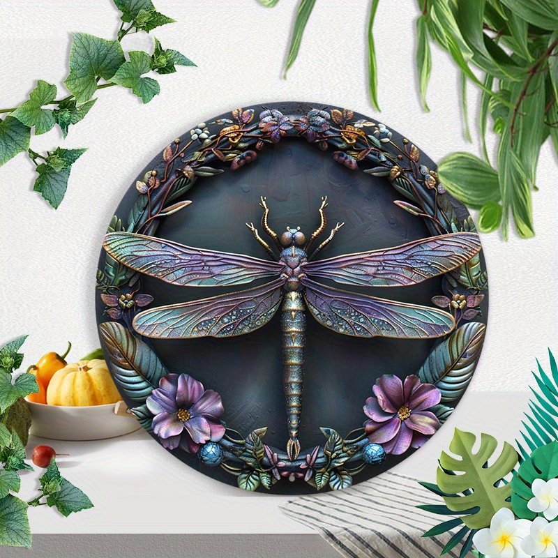 

8-inch Round Aluminum Dragonfly Wreath Sign - Decorative Metal Wall Art With 2d Graphic Design - Weather Resistant Outdoor/indoor Decoration