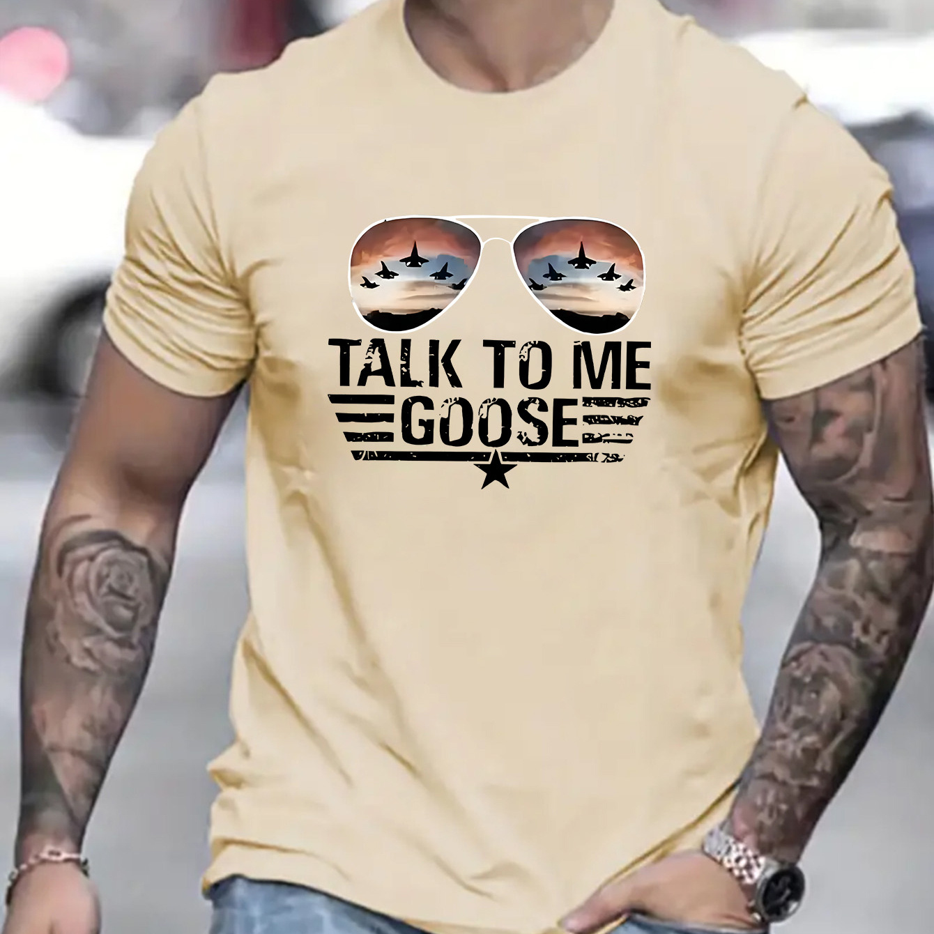 

Men's Summer Casual Crew Neck T-shirt With Aircraft & Glasses Print, 100% Polyester Knit Fabric, Comfortable Short Sleeve Loose Fit Top, Regular Fit - Perfect Gift For Spring/summer