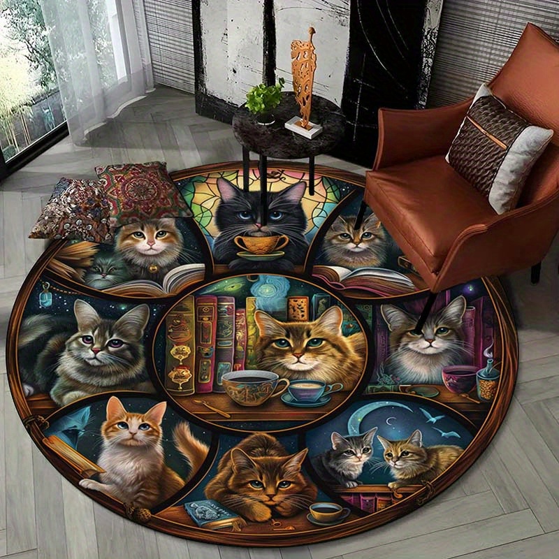 

Cat-themed Round Rug – Afternoon Tea Design – Non-slip, Stain And Water Resistant, Machine Washable – Soft Polyester Fiber Decorative Mat For Home And Yoga – 100% Polyester Composition