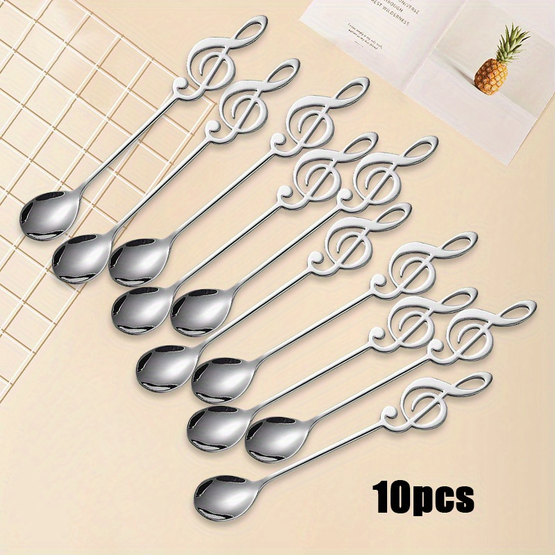 TEMU 10pcs Stainless Steel Coffee Spoons - Creative Treble Clef Design, Ideal For Desserts, Espresso, Mixing, Ice Cream, Suitable For Home, Dorm, Office, Cafe, Restaurant And Hotel