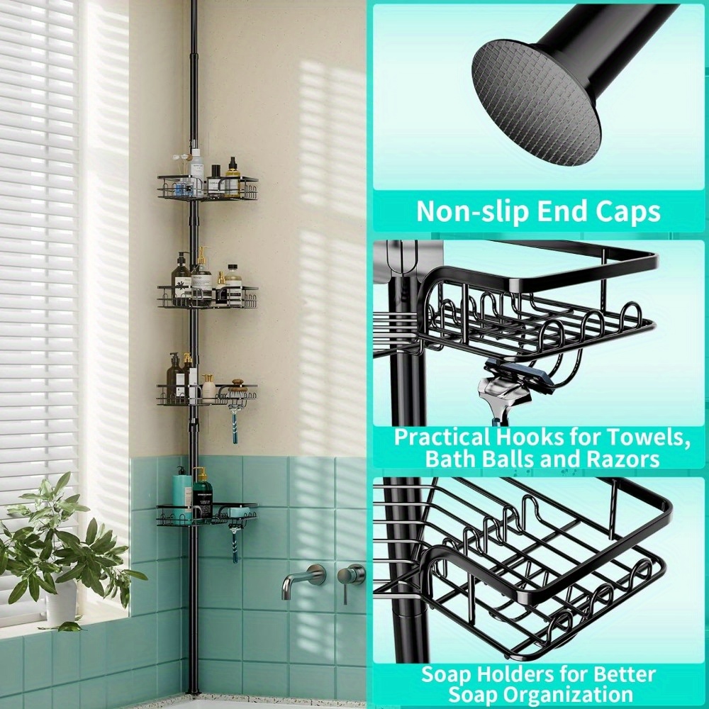 

Shower Shelf Tension Pole Extend From 104.3 To 113.8 Inch Corner Shower Caddy Organizer-rustproof & Waterproof Shower Organizer Corner With Soap Holder, Black