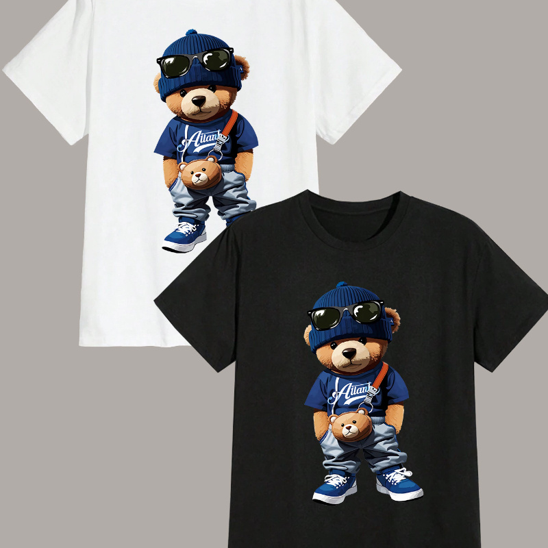 

Set Of 2 Cartoon Trendy Bear Men's Comfortable T-shirts, Casual Short Sleeve Summer T-shirt Tops