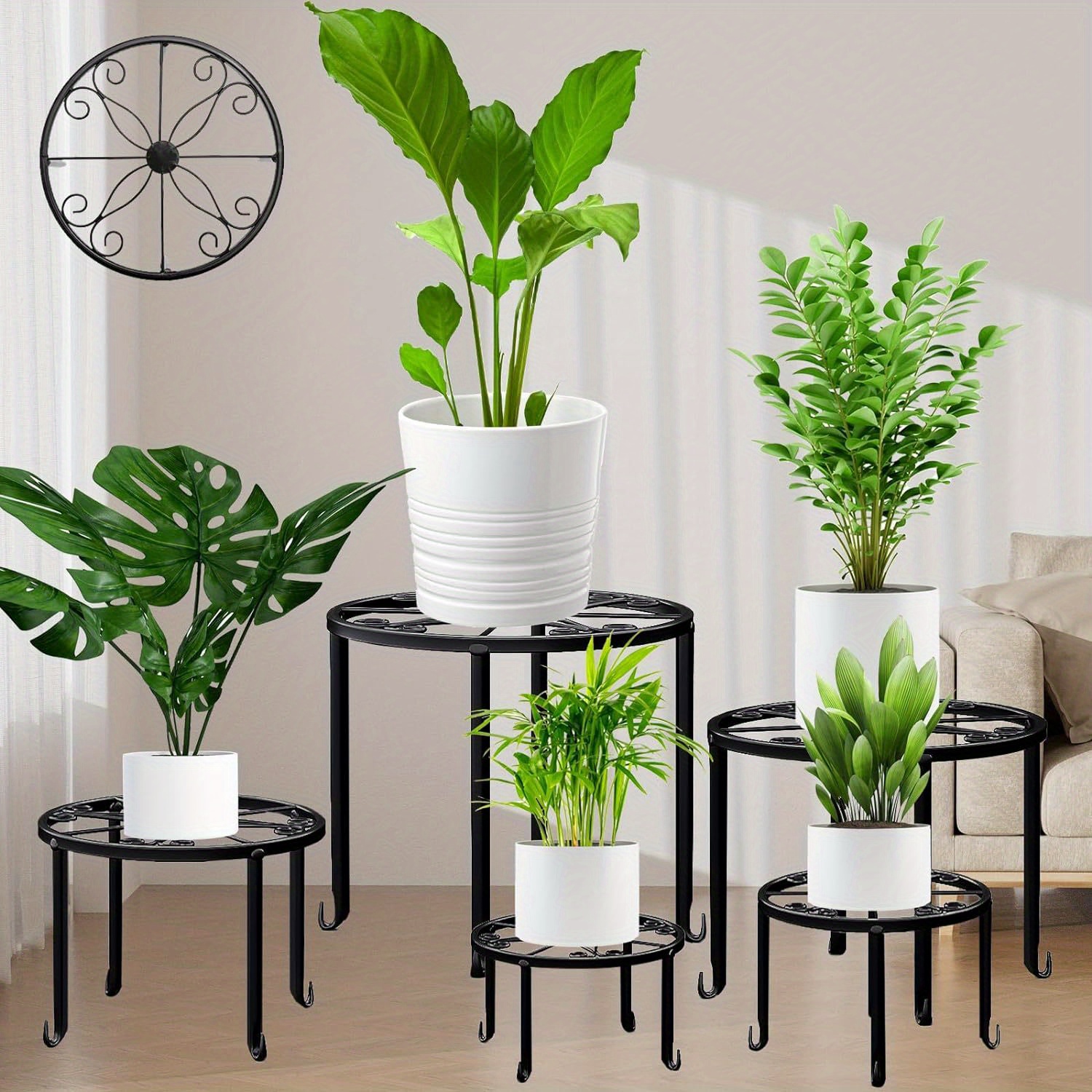 

5-pack Heavy Duty Metal Plant Stands - Rustproof Iron Round Shelves For Indoor & Outdoor Plants, Durable Planter Holders With Curved Legs, Black Metal Plant Hanger Metal Plant Holder For Wall Outdoor