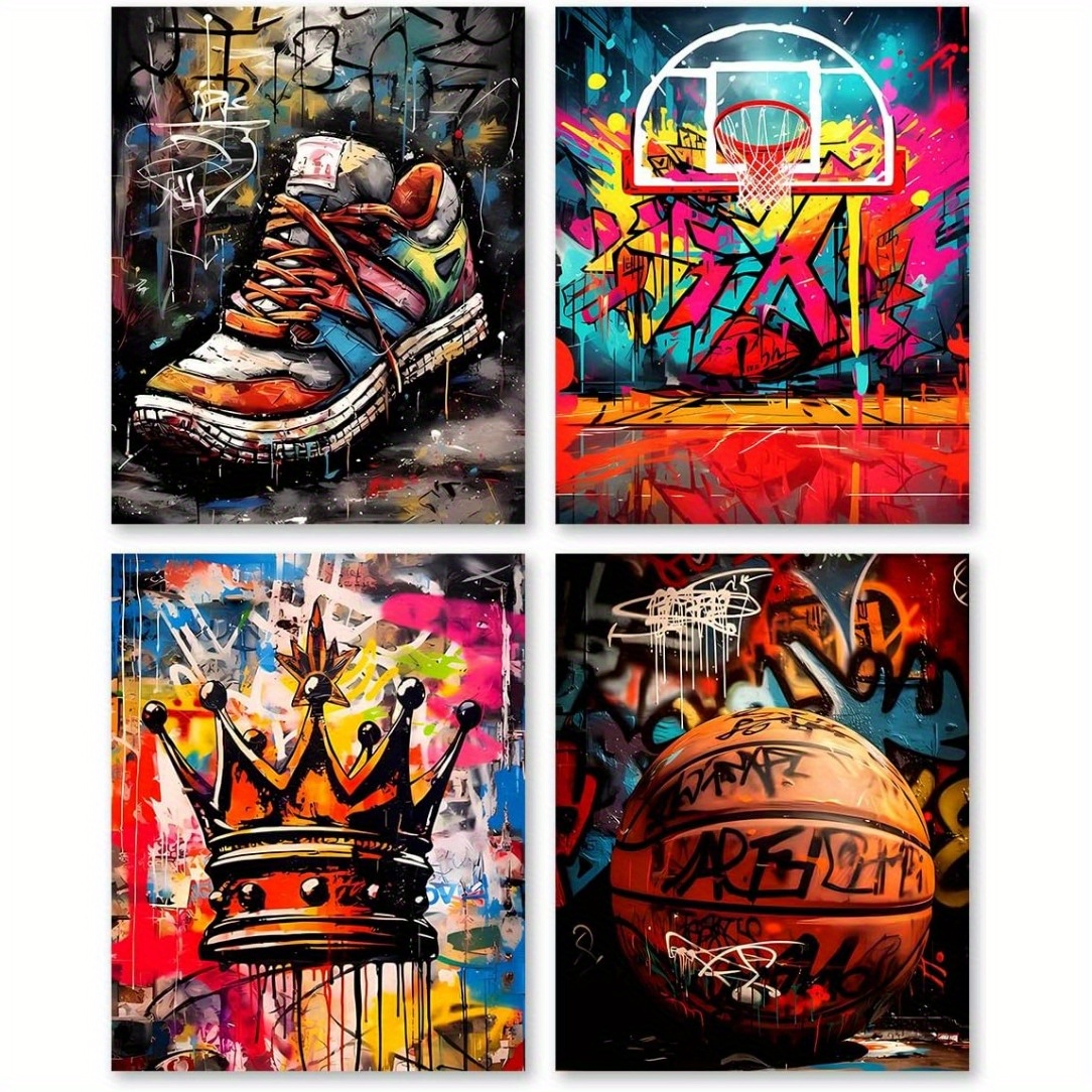 

4 Pieces Basketball Graffiti Wall Art Prints: Modern Street Sports Graffiti Art Posters - Perfect For Man Caves, Boys Rooms, Or As A Gift For Sport Fans (8x10inch, Unframed)