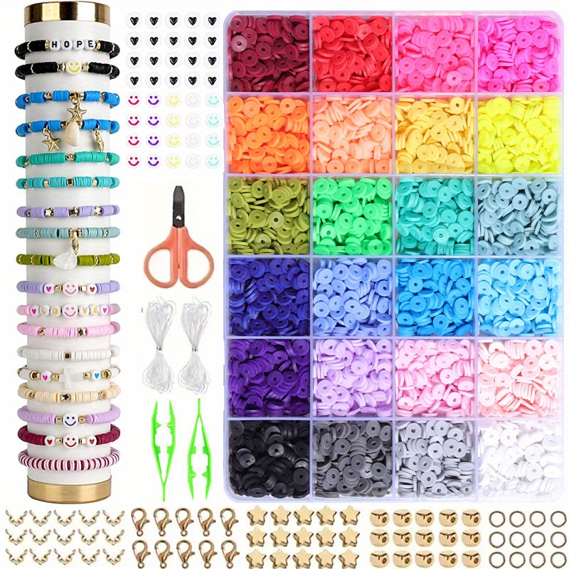 

2000-9600pcs 6mm Polymer Clay Beads Kit, With Smile Letter Faces, Fruit, Heart Charms, Scissors, Elastic Strings, For Diy Jewelry Making, Bracelet Necklace Crafting