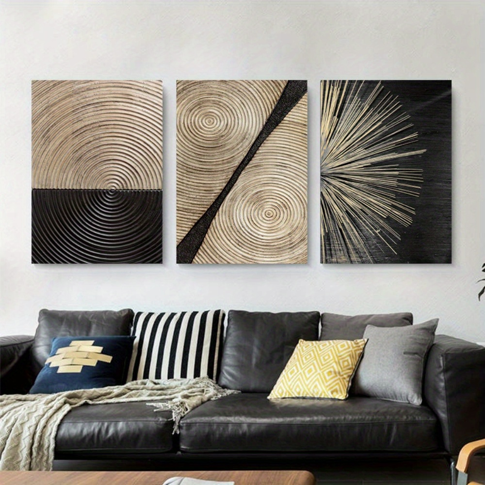 

Framed 3 Piece Abstract Retro Black Gold Wood Canvas Posters Grain Rings Tree Ring Radial Lines Posters And Prints Nordic Modern Artwork For Bedroom Living Room Office Home Decor