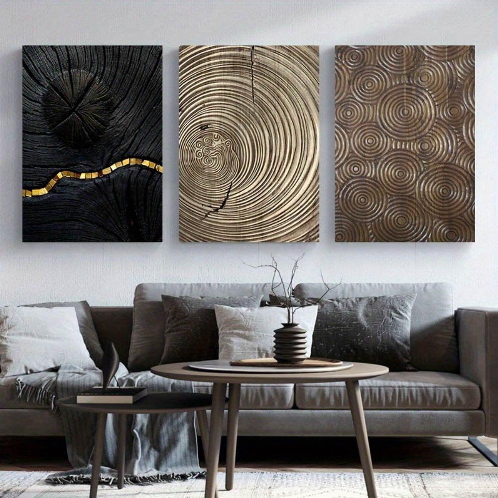 

Framed 3 Piece Abstract Retro Black Gold Wood Art Posters Modern Minimalist Wall Art Tree Ring Radial Lines Nordic Canvas Wall Picture Home Decor Canvas Paintings