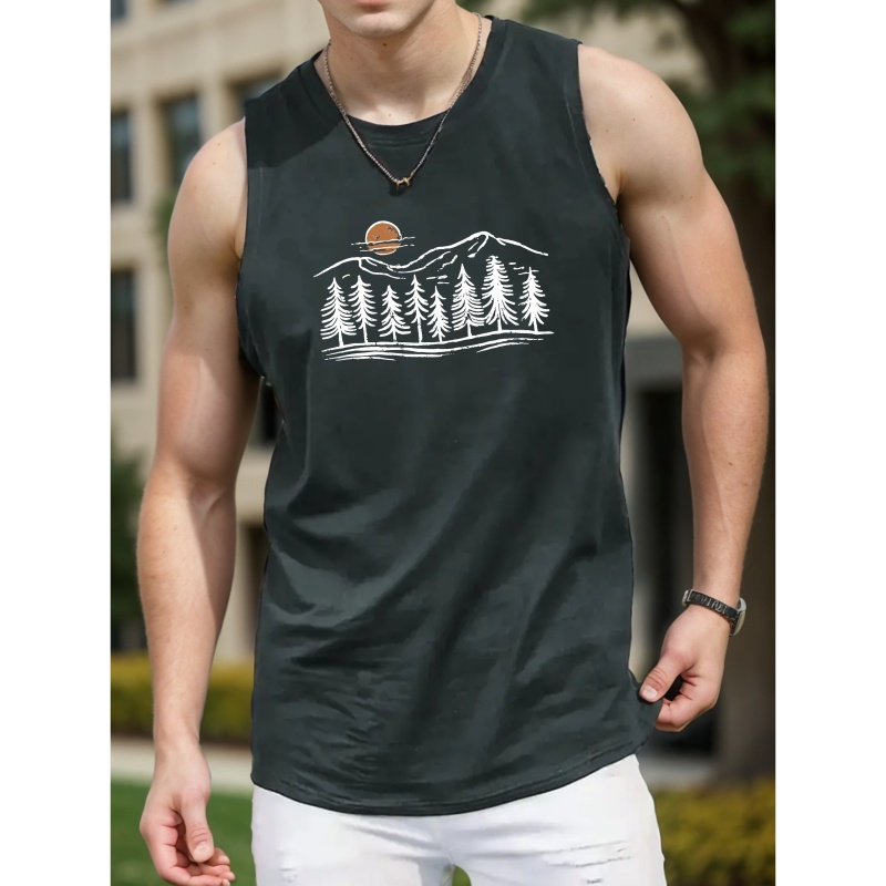 

Sun Mountains Woods Print Sleeveless Vest For Men, Mesh Breathable Quick Dry Summer Sports Tank Top