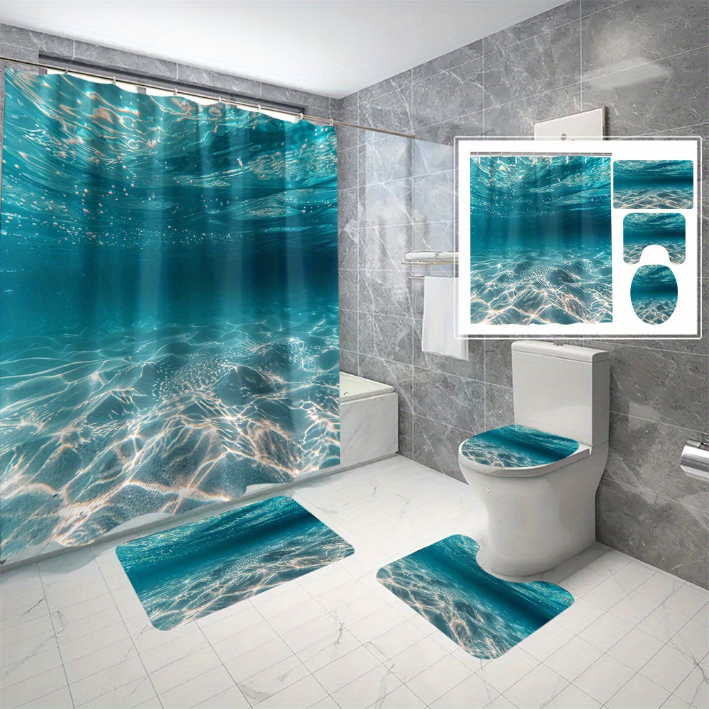 

4pcs Ocean Themed Bathroom Set, Blue Sea Pattern Digital Print, Waterproof Shower Curtain (180cm X 180cm) With Non-slip Bath Rugs, Toilet Lid Cover & Mat, Hooks Included, No Drilling Required