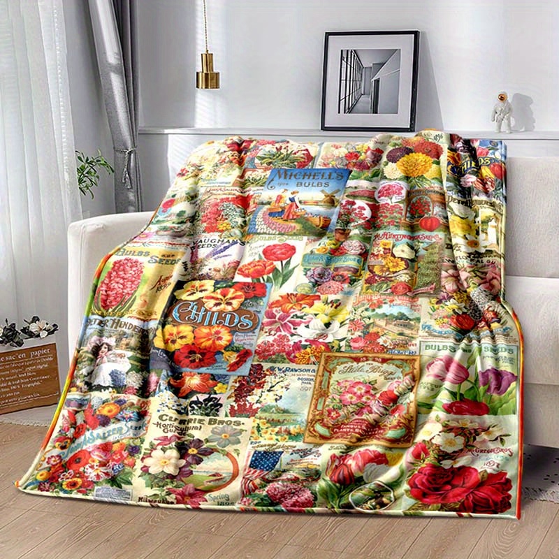 

Vintage Floral Garden Printed Flannel Blanket - 100% Polyester Soft Warm Sofa Throw - Large Size (≥2.16m²) - Cozy Bed Spread, Picnic Blanket, Great For Christmas & Birthday Gifts