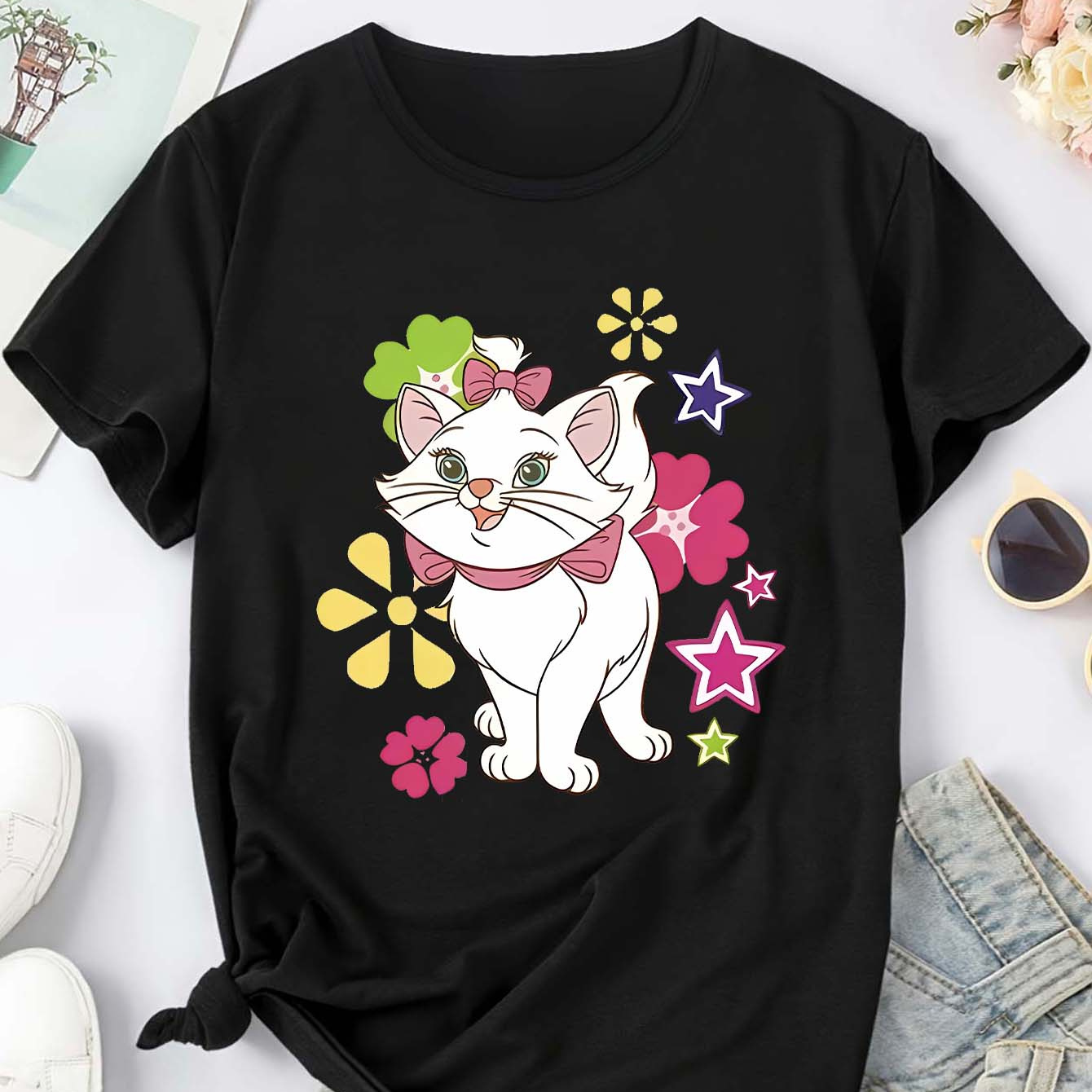 

Cat Print Round Neck Sports T-shirt, Short Sleeve Running Casual Tops, Women's Activewear