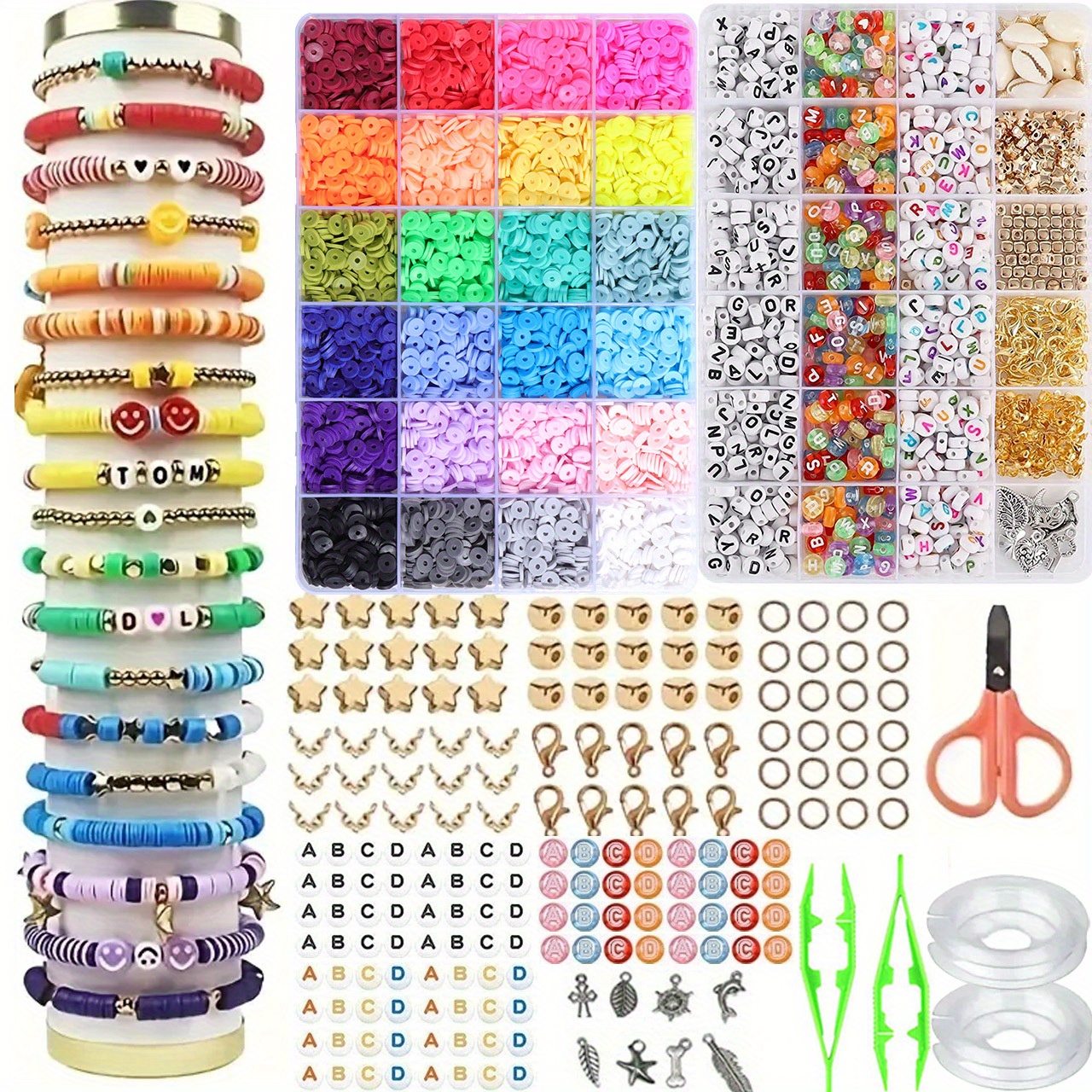 

1pack Colorful Polymer Clay Beads, 6mm Flat Round Slice Beads, With Storage Box, Includes Letter Beads, Charms, Elastic Strings & Accessories, For Making Necklace Jewelry