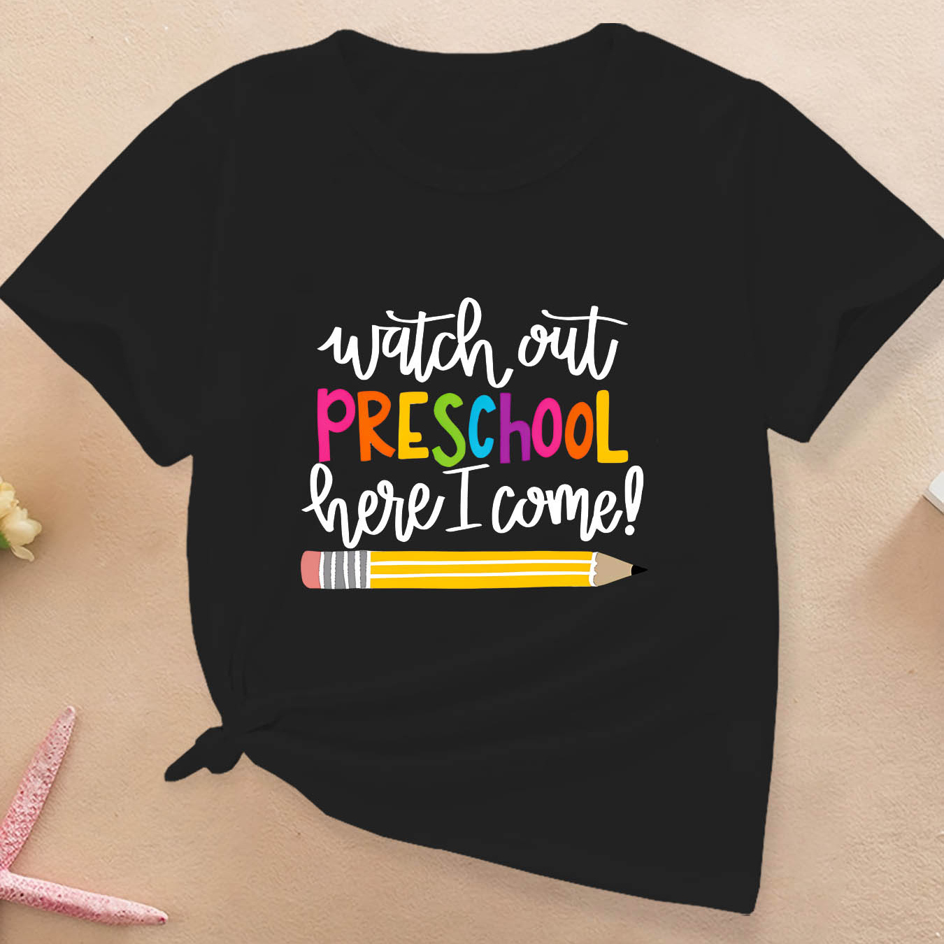 

Girls' Casual Black Knotted T-shirt With 'watch Out Preschool Here I Come!' Print, Breathable Fabric, Stylish For School And Play