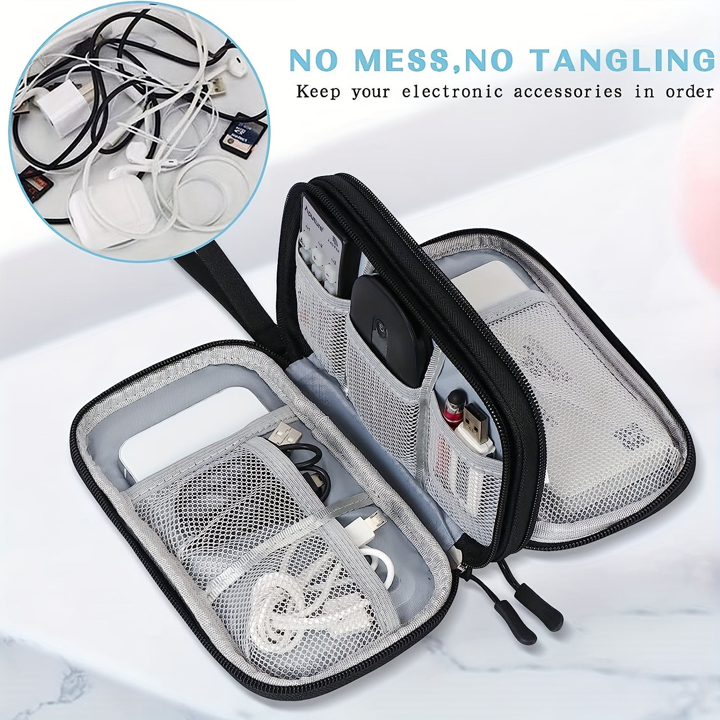 

Black Polyester Travel Cable Organizer Bag - Waterproof & Portable With Double Layer Storage For , Phones, Headphones & Electronic Accessories