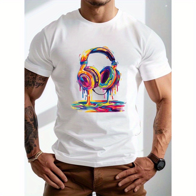 

Plus Size Men's Summer T-shirt, Psychedelic Headphones Art Graphic Print Short Sleeve Tees Trend Casual Tops For Daily Life, Big & Tall Guys