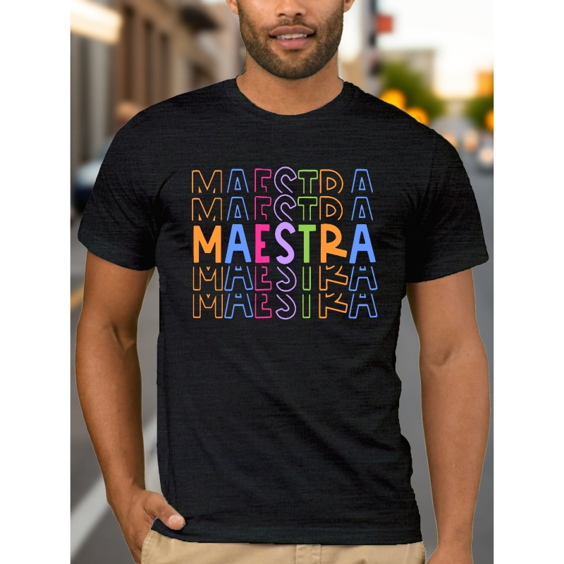 

Fashion Colored Letters Maestra Design Print Tee Shirt, Tees For Men, Casual Short Sleeve T-shirt For Summer