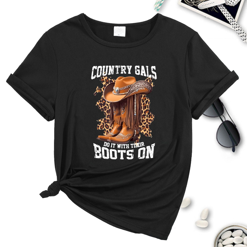 

Women's Casual Round Neck T-shirt, Fashion Trendy Sports Top, With Cowboy Boots & Hats Graphic Design