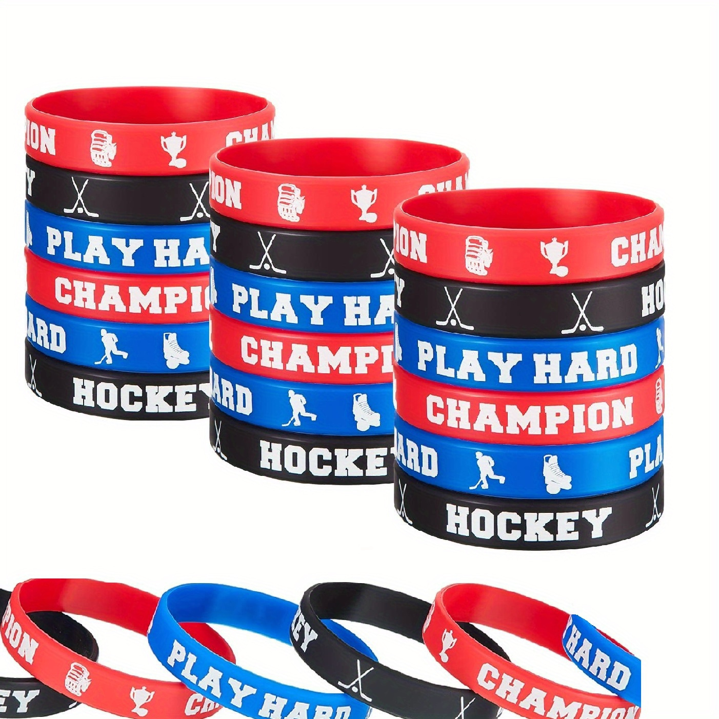 

12-pack Silicone Hockey Wristbands, Sports Themed Rubber Bracelets, Universal Holiday Party Favors, Electricity-free Silicone Bangles, Featherless