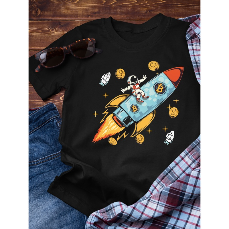

Cryptocurrency Crypto Rocket Adventure Print Simple Slim Fit Pure Cotton Short Sleeved, Simple Cotton T-shirt For Summer, Men's Round Neck Short Sleeved T-shirt, Casual Comfortable Lightweight Top