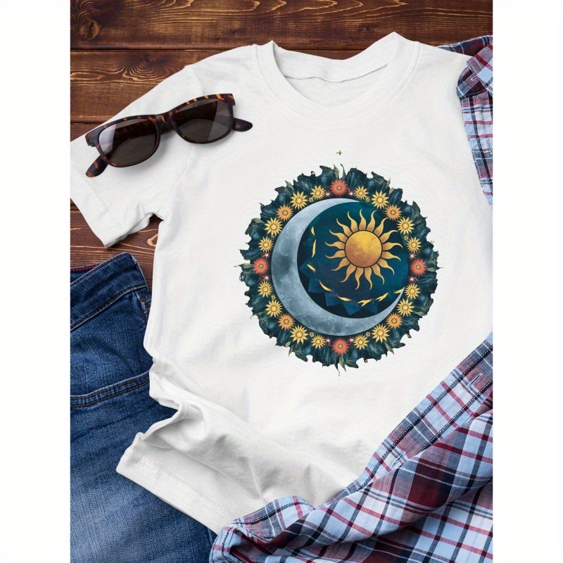 

Mystical Summer Solstice Print Simple Slim Fit Pure Cotton Short Sleeved, Simple Cotton T-shirt For Summer, Men's Round Neck Short Sleeved T-shirt, Casual Comfortable Lightweight Top