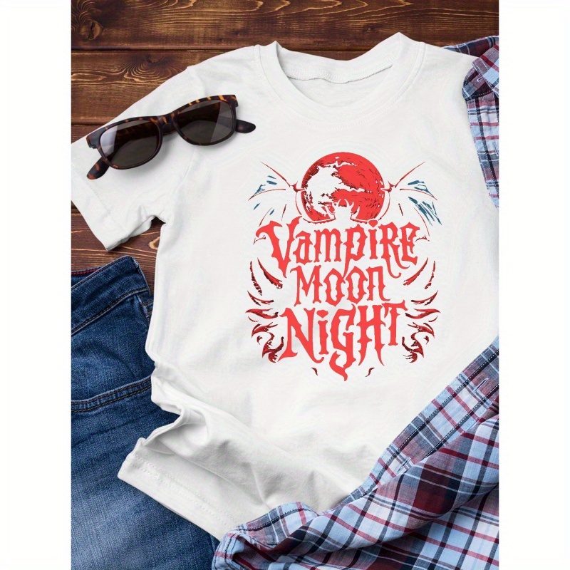 

Vampire Moon Night Print Simple Slim Fit Pure Cotton Short Sleeved, Simple Cotton T-shirt For Summer, Men's Round Neck Short Sleeved T-shirt, Casual Comfortable Lightweight Top