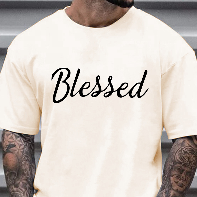 

Plus Size Men's Novelty Letter Blessed Print T-shirt, Casual Fashion Tee, Street Style Short Sleeve Crew Neck Shirt