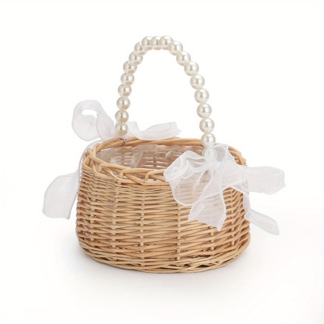 

Elegant Rattan Flower Girl Basket With Lace And Pearl Handle - Diy Wedding Petal Basket, Handwoven Bridal Party Favor Accessory